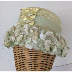 Vintage 1950s Floral Bucket Cocktail Hat Woven Fabric Braid Ribbon Bow Green MCM